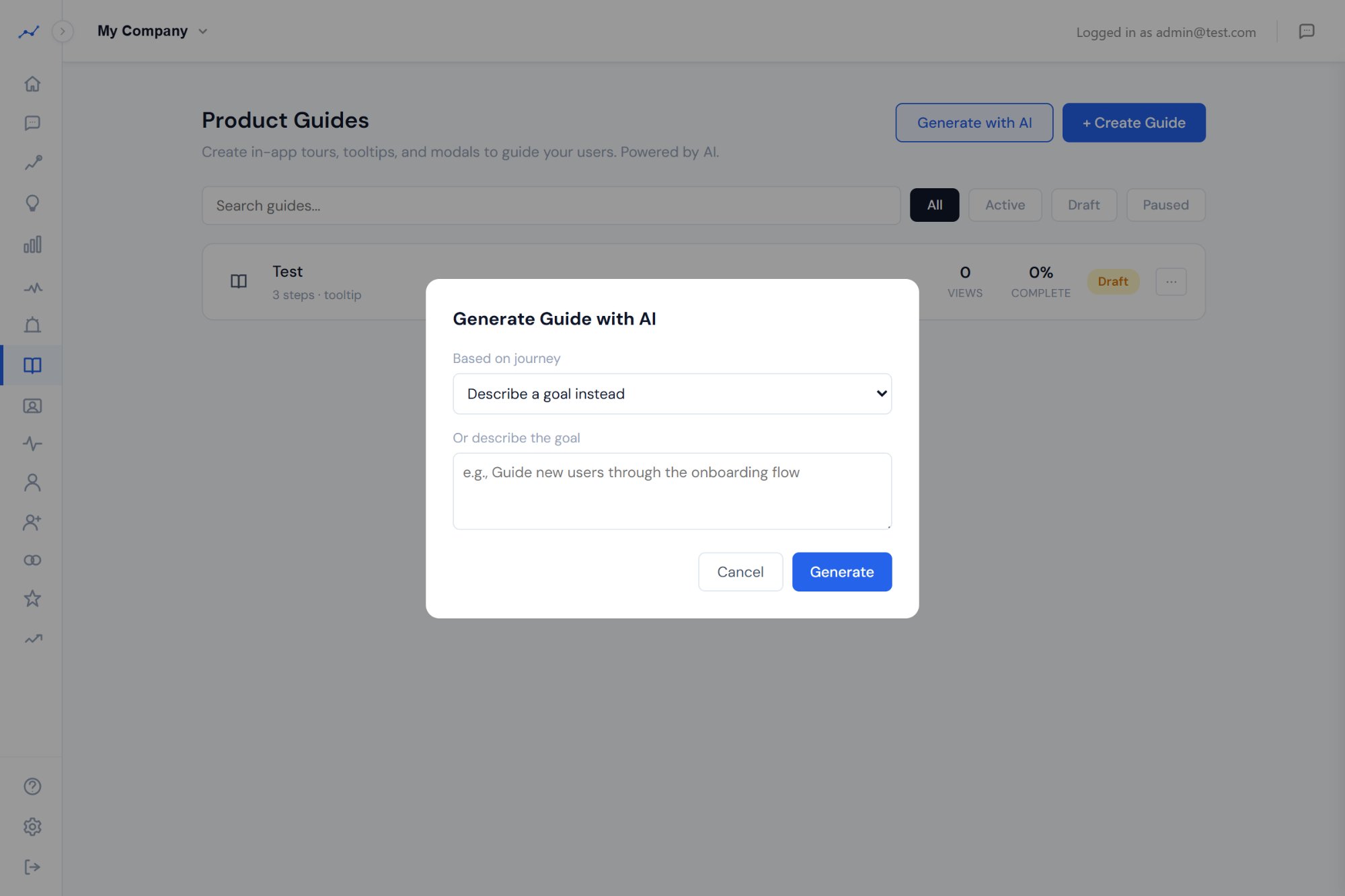 Generate Guide with AI modal showing journey picker and goal description