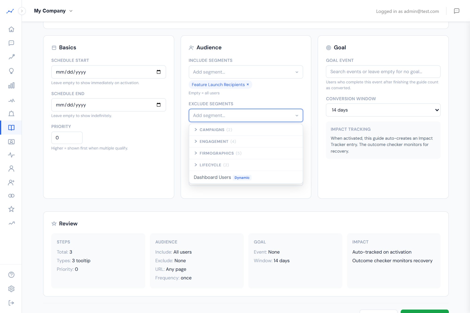 Guide builder showing segment targeting, goal event search, and conversion window