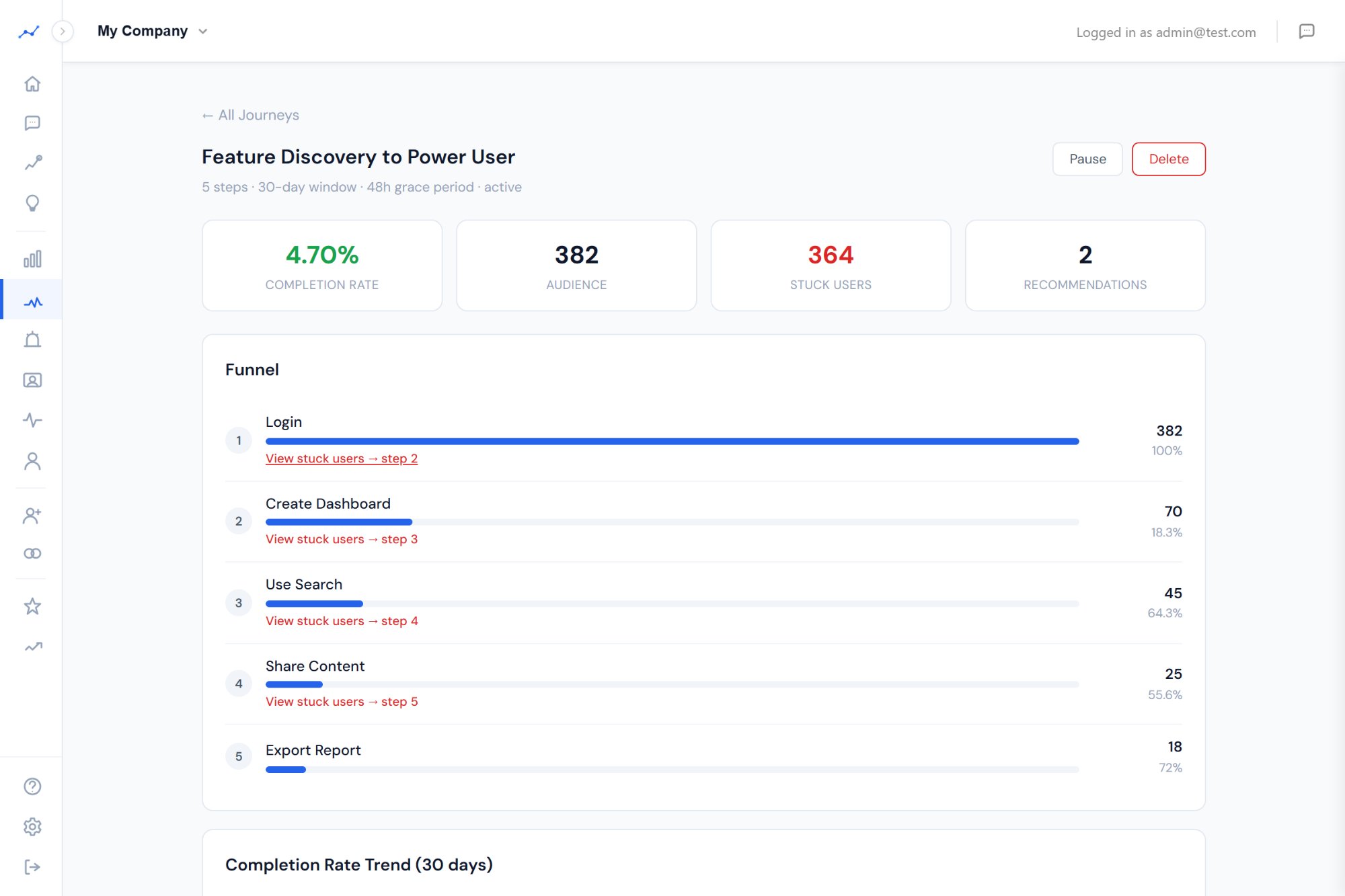 Stuck users list with export and segment actions
